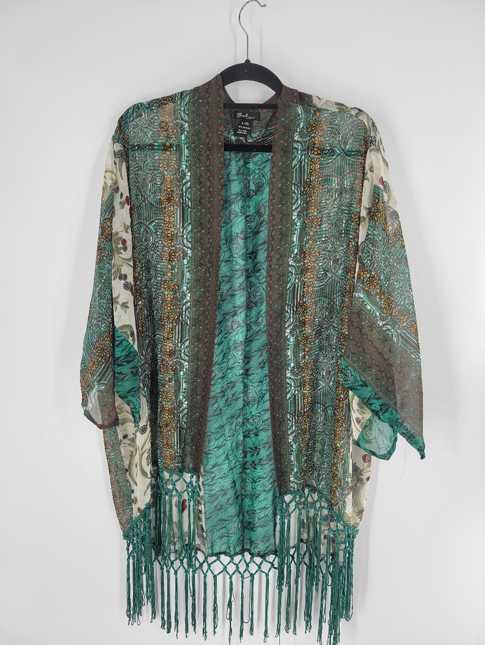 Beach by Exist Green Tassle Sheer Open Front Swim Coverup Kimono Size L/XL